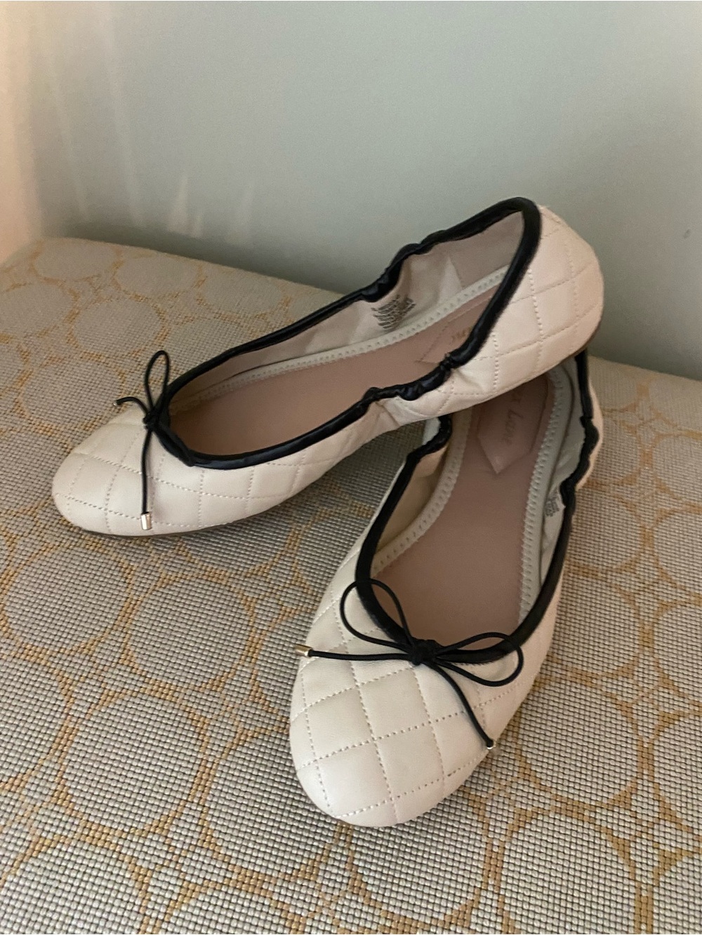 Essex Lane Cream Quilted leather Ballet Flats with Black Trim